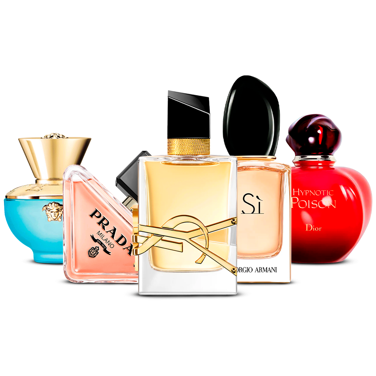 Комплект от 5 парфюма – Versace Dylan Turquoise, Prada Paradoxe, Yves Saint Laurent Libre, Giorgio Armani Sì и Dior Hypnotic Poison [100 ml всеки]