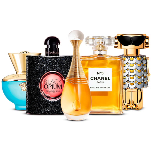 Комплект от 5 парфюма – Versace Dylan Turquoise, Black Opium, J'adore, Chanel Nº5 и Fame [100 ml всеки]