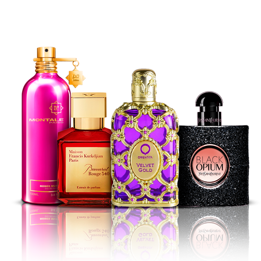 Комплект от 4 парфюма | Orientica Velvet Gold + Baccarat Rouge + Black Opium + Montale Roses Musk 100 ml