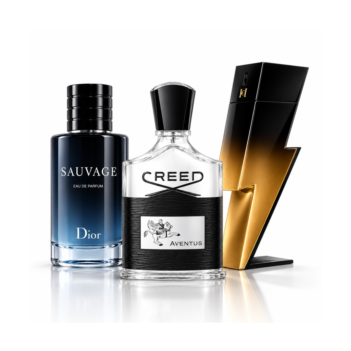 Комплект от 3 парфюма | Sauvage Dior Eau de Parfum – 100 ml | Aventus Creed Eau de Parfum – 100 ml | Bad Boy Extreme Carolina Herrera Eau de Parfum – 100 ml