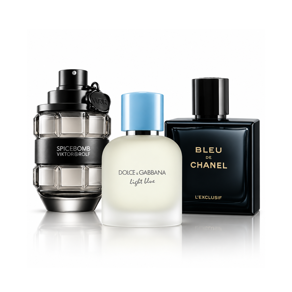Комплект от 3 парфюма |Spicebomb Viktor&Rolf Eau de Toilette – 100 ml | Light Blue Pour Homme Dolce&Gabbana Eau de Toilette – 100 ml | Bleu de Chanel L’Exclusif – 100 ml