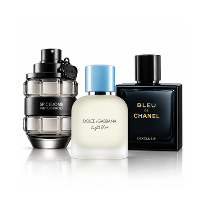 Комплект от 3 парфюма |Spicebomb Viktor&Rolf Eau de Toilette – 100 ml | Light Blue Pour Homme Dolce&Gabbana Eau de Toilette – 100 ml | Bleu de Chanel L’Exclusif – 100 ml
